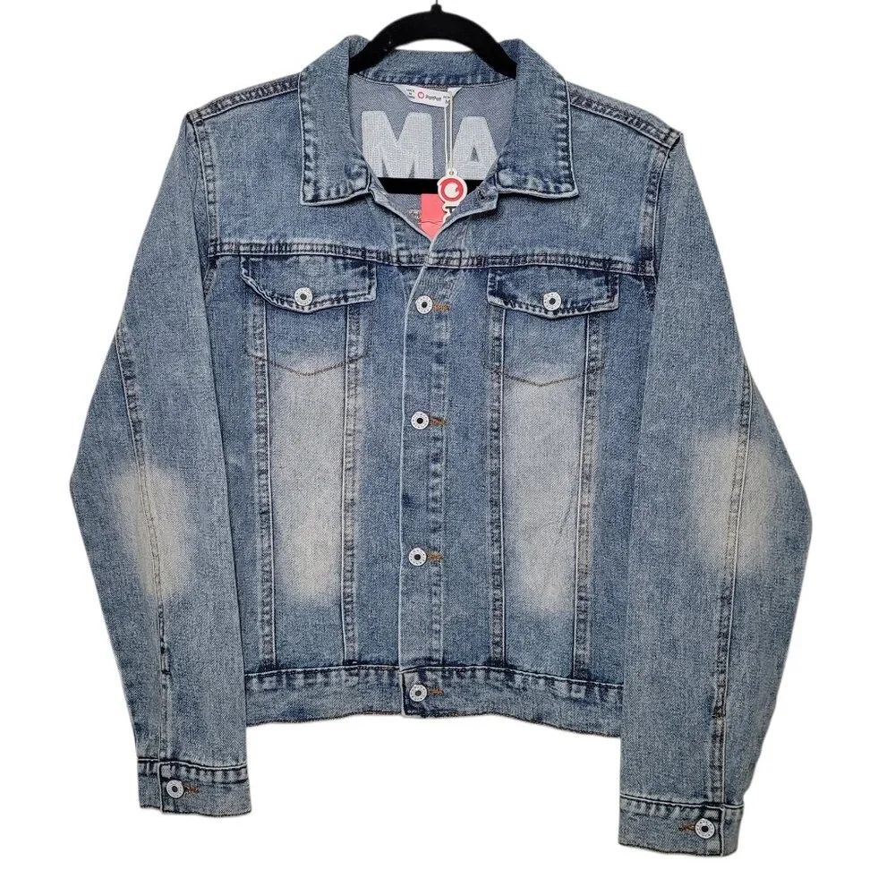 Patpat Mama Distressed Denim Jean Jacket Medium Light Wash Streetwear - Picture 3 of 14